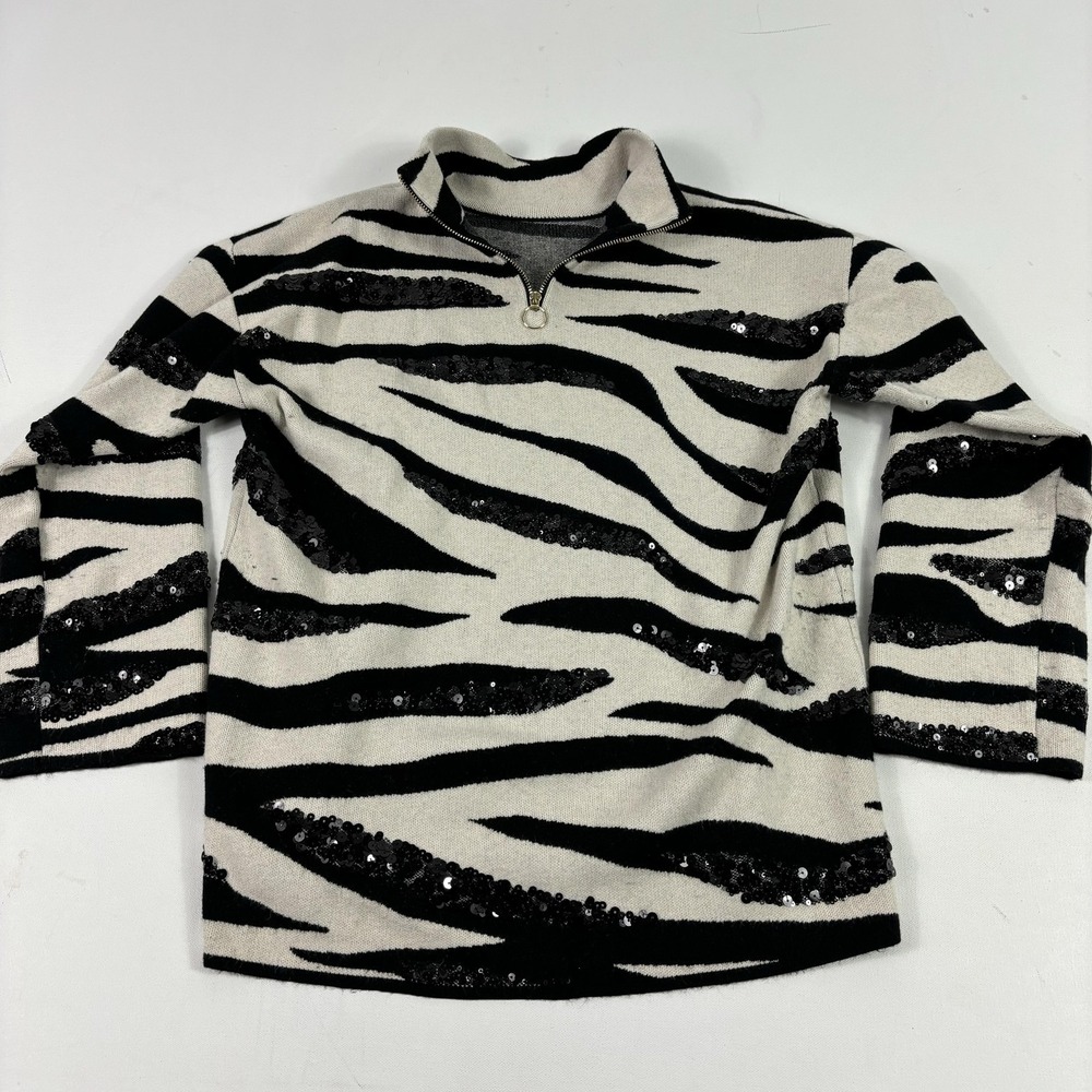Chico's Sweater Womens Large Black Cashmere Blend Mock Neck 1/4 Zip Zebra